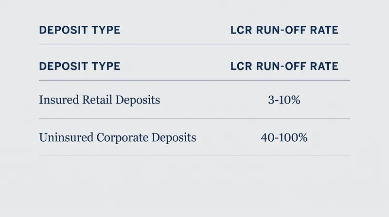 Regulators assign different flight risks to different types of deposits, dictating how much liquid cash the bank must hold against them.
