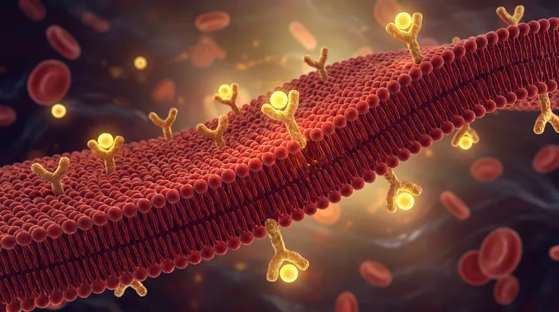 A 3D microscopic medical illustration showing Y-shaped LDL receptors on a cell membrane binding to spherical cholesterol particles.