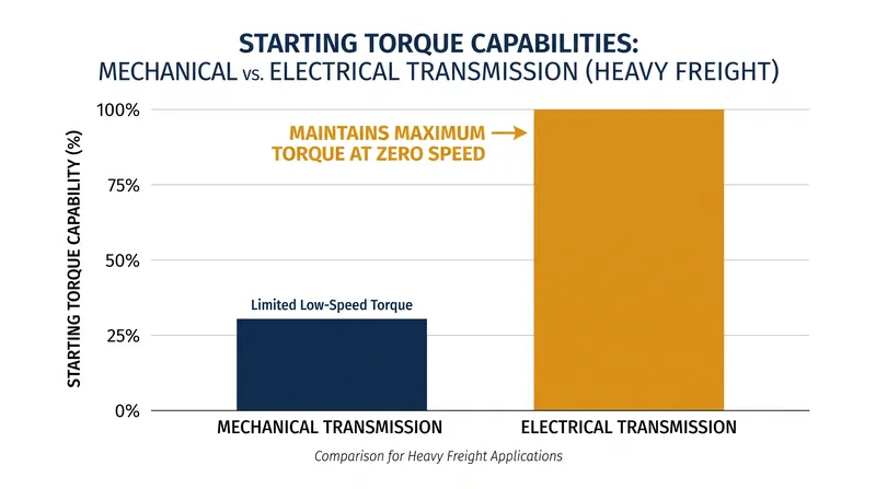 Electrical transmissions allow locomotives to apply maximum starting torque at zero miles per hour.