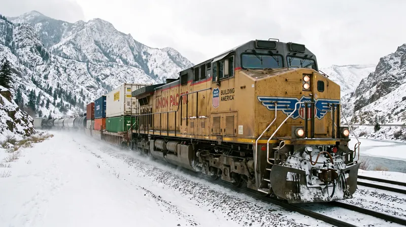 A large diesel-electric freight locomotive pulling cargo cars through a snowy mountain landscape.
