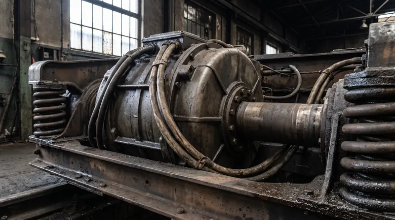 Traction motors mounted directly on the axles convert electrical current into the rotational force that turns the wheels.