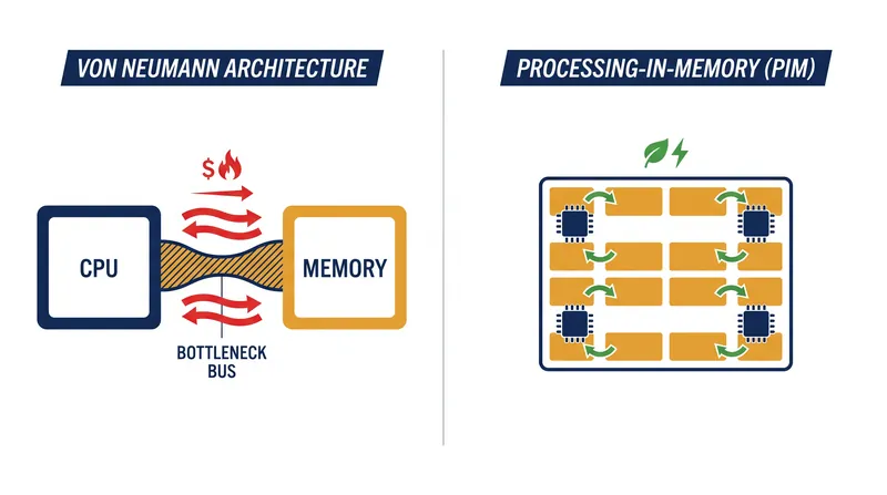 By moving computation to the data, PIM architectures bypass the narrow external bus that limits traditional processors.