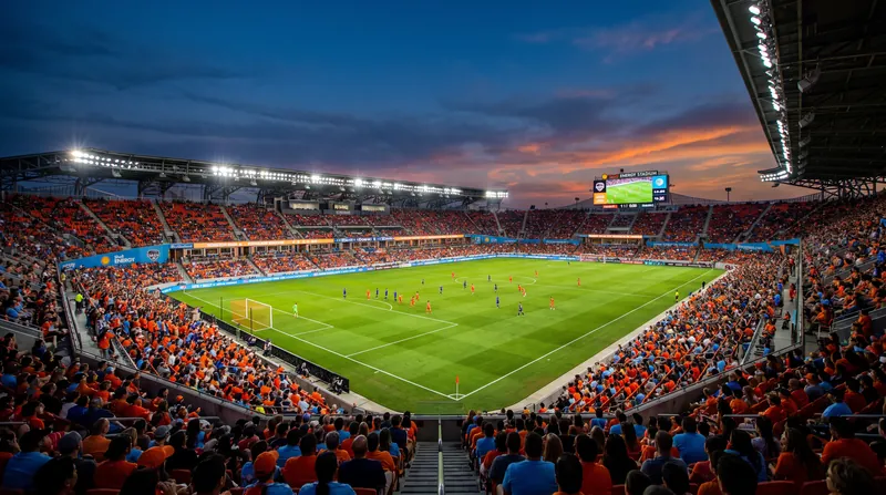 A wide view of Shell Energy Stadium in Houston, Texas, with vibrant orange seating and bright stadium lights.