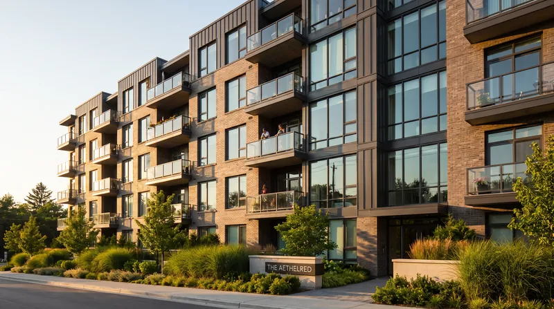 Exterior view of a modern mid-rise multifamily apartment building with balconies and green landscaping.