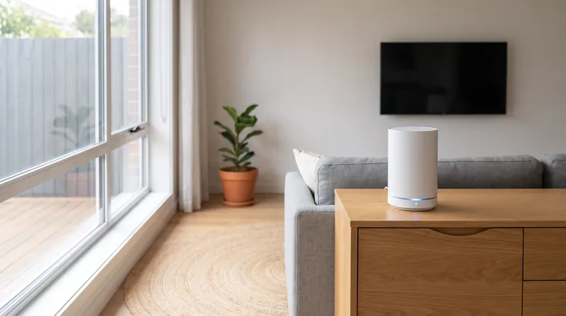 A modern white mesh Wi-Fi router node sitting on a wooden credenza in a living room.