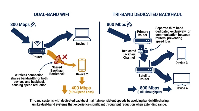 A single wireless hop on a dual-band system cuts available bandwidth in half, while tri-band systems maintain full throughput.