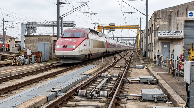A high-speed passenger train passing through a gauge-changing facility at a European railway border.
