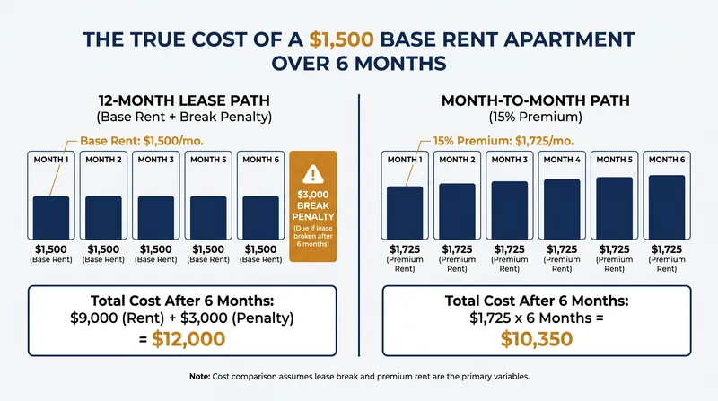 A break-even analysis reveals that the month-to-month premium is cheaper than a lease-break penalty only during short transition windows.
