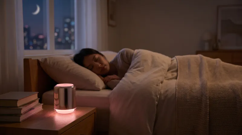 A person sleeping in a dark room with a small, glowing device on the nightstand.