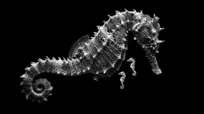 A black-and-white underwater photograph showing a male seahorse and two tiny juveniles against a dark background.