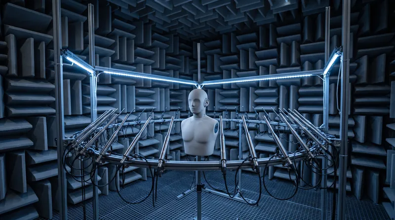 A dummy head surrounded by a circular array of measurement microphones inside a foam-lined anechoic chamber.
