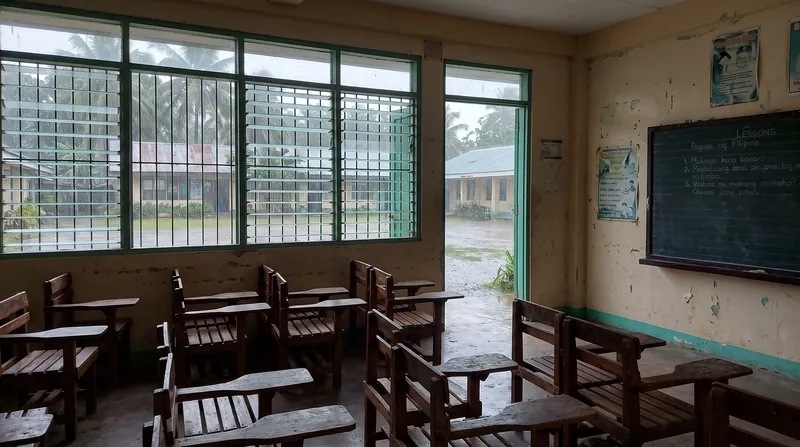 Empty wooden desks in a Philippine public school classroom while heavy rain falls outside the windows.