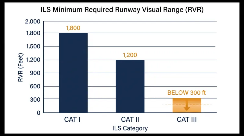 As visibility deteriorates, the required ILS category becomes more stringent, eventually necessitating fully automated landings.