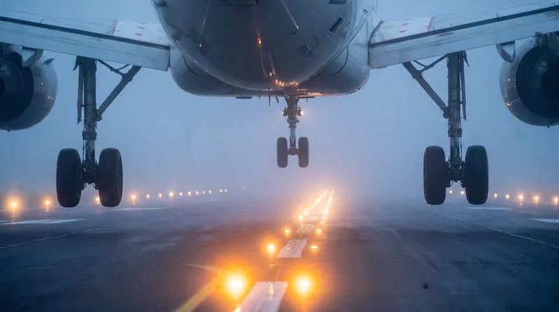 A commercial airliner's landing gear descends over a runway blanketed in thick fog, illuminated by glowing centerline lights.