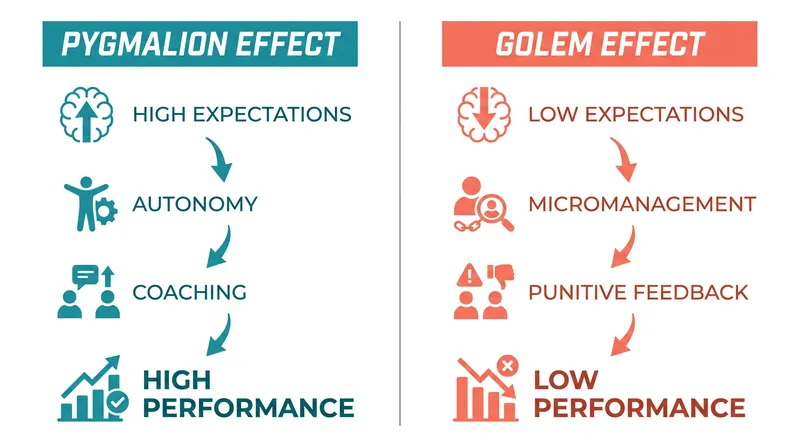 While high expectations drive the Pygmalion effect, low expectations trigger the Golem effect, actively suppressing employee output.
