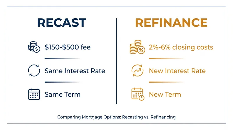 Recasting avoids the thousands of dollars in closing costs associated with a traditional refinance.