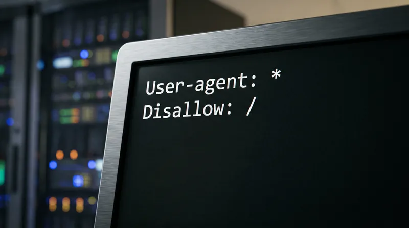 A computer monitor displaying plain text code syntax for a robots.txt file in a server room.