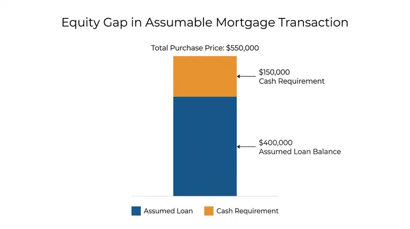 Buyers assuming a mortgage must cover the difference between the home's purchase price and the seller's remaining loan balance.