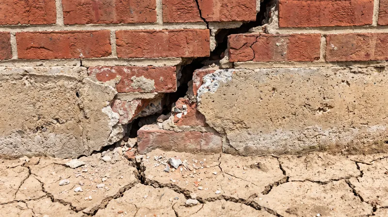 A close-up view of a severe diagonal crack in a brick wall and concrete foundation, with deeply fissured, dry earth visible below.