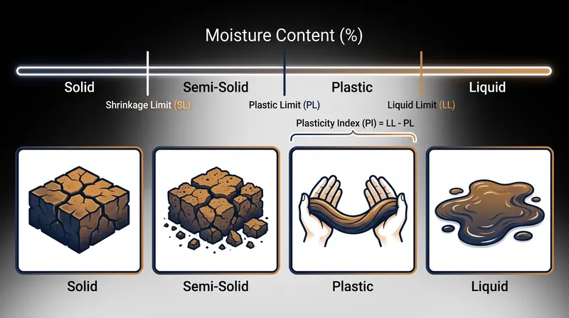 The Atterberg limits define the exact moisture thresholds at which fine-grained soils transition between physical states.