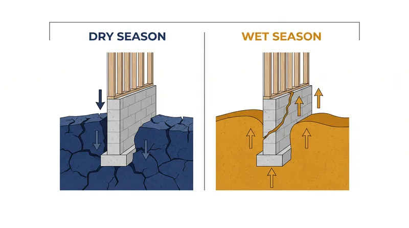 Expansive soils cause damage through a cycle of shrinking during droughts and swelling during heavy rains.