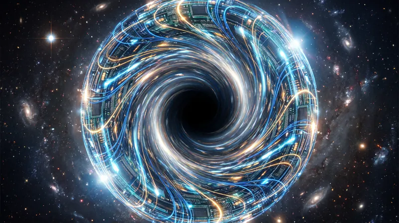 A glowing, spherical data core collapsing inward as a dark event horizon forms at its center.