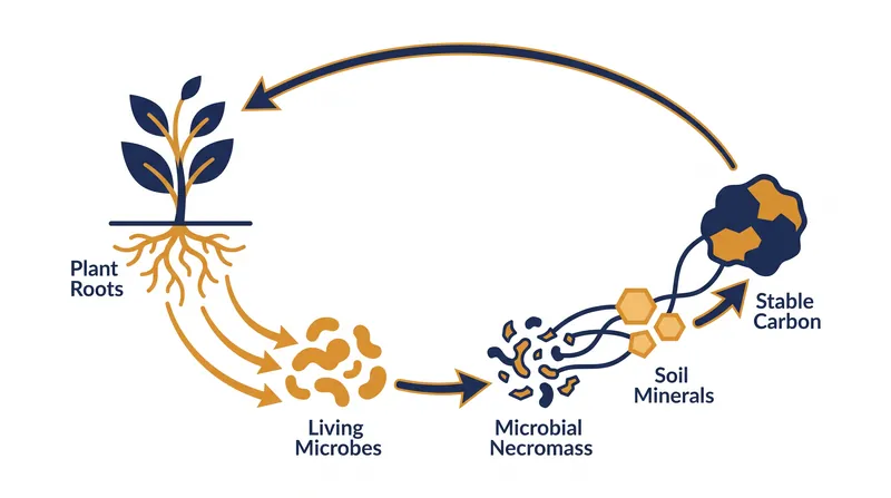 How living microbes process carbon and leave behind stable necromass when they die.