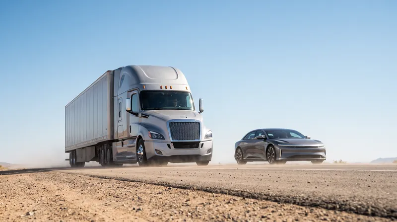 A silver passenger sedan drives at a safe distance behind a large white semi-truck on a sunlit desert highway.