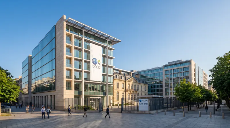 The OECD headquarters building in Paris, home to the Financial Action Task Force, under a clear blue sky.