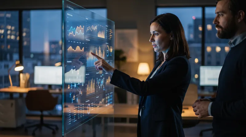 A data analyst stands in a modern office, pointing at a complex data visualization illuminated on a glass board.