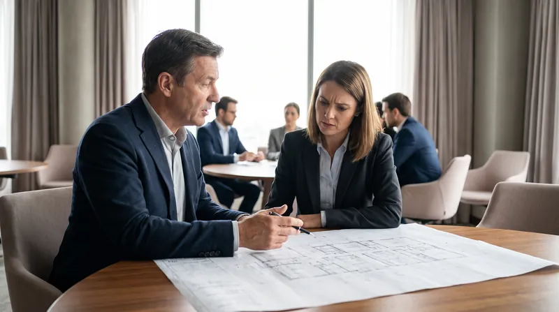 A professional receiving immediate, focused feedback from an expert coach over a complex architectural blueprint.