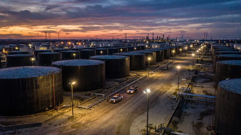 Large white cylindrical crude oil storage tanks at an industrial facility at dusk.