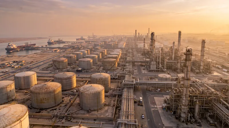 A sprawling industrial oil refinery and export terminal with massive storage tanks at dawn.
