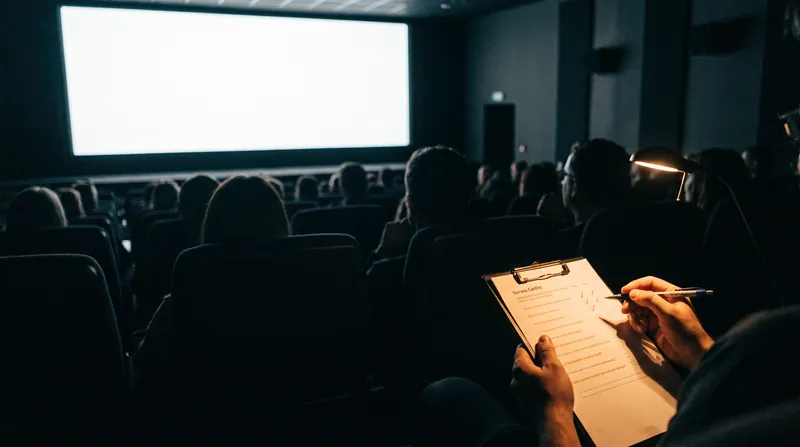 Silhouette of an audience in a movie theater with a person filling out a survey clipboard in the foreground.