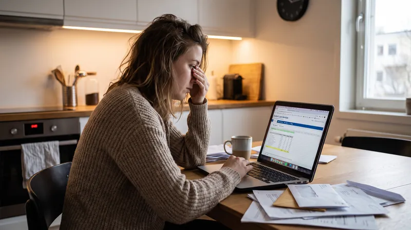 A young adult sits at a table looking stressed while reviewing financial documents on a laptop.