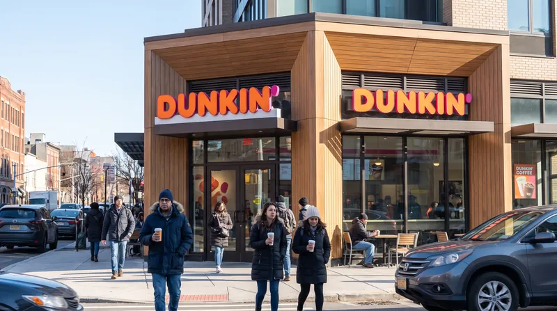 Exterior view of a modern Dunkin' restaurant storefront on a bright sunny day.