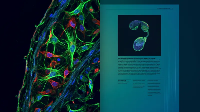 Microscopic view of fluorescently tagged cells highlighting cellular structures against a dark background.