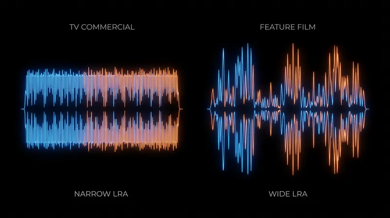 The Loudness Range (LRA) metric quantifies the dynamic distance between a program's quietest narrative moments and its loudest peaks.