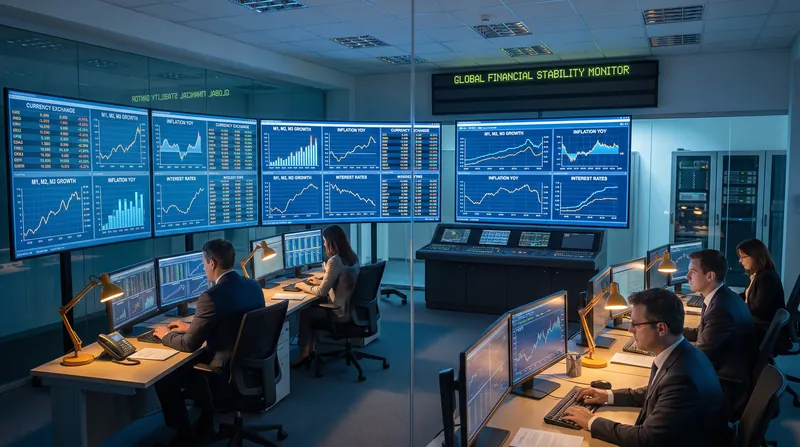 A modern central bank data monitoring room with glowing screens displaying macroeconomic charts and money supply statistics.