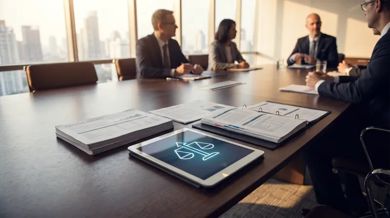 A modern corporate boardroom table with financial documents and a glowing digital display showing a balanced scale.