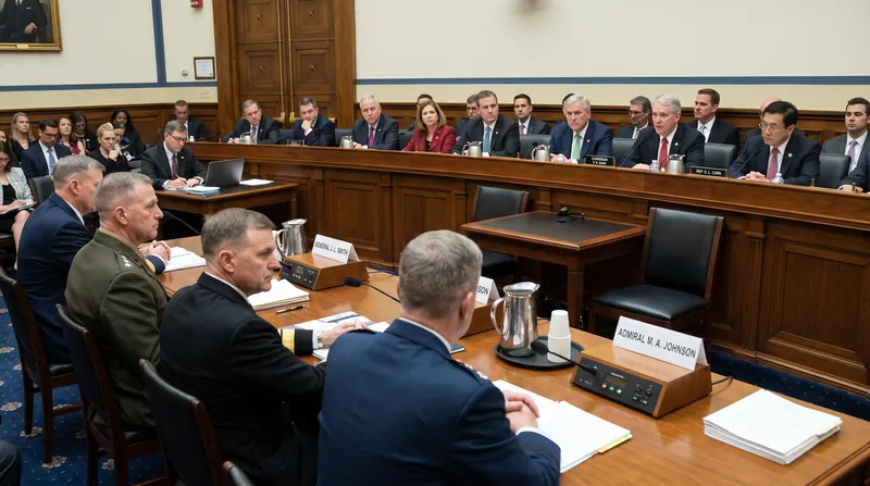 Military officials in uniform testifying at a desk during a congressional defense budget hearing.