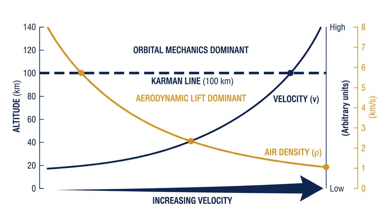 As altitude increases and air density drops, the velocity required to generate aerodynamic lift eventually exceeds orbital velocity.