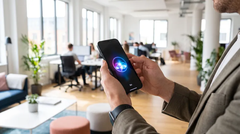 A person holding an iPhone showing the new glowing Siri animation on the screen.