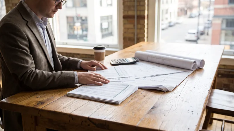 A real estate investor reviewing financial documents and property blueprints on a large wooden table.