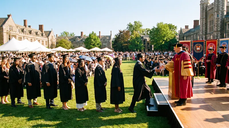 A line of university students in dark academic robes and mortarboards walking across an outdoor stage to receive their diplomas.