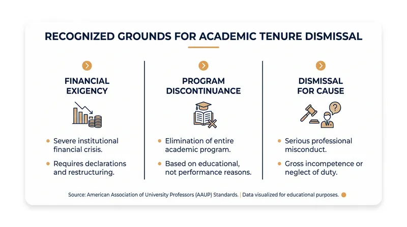 The three mechanisms that permit an institution to terminate a tenured faculty contract.
