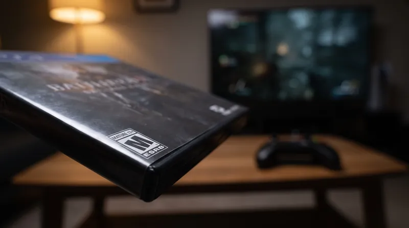 A close-up of a video game case displaying the black and white ESRB M for Mature rating logo.