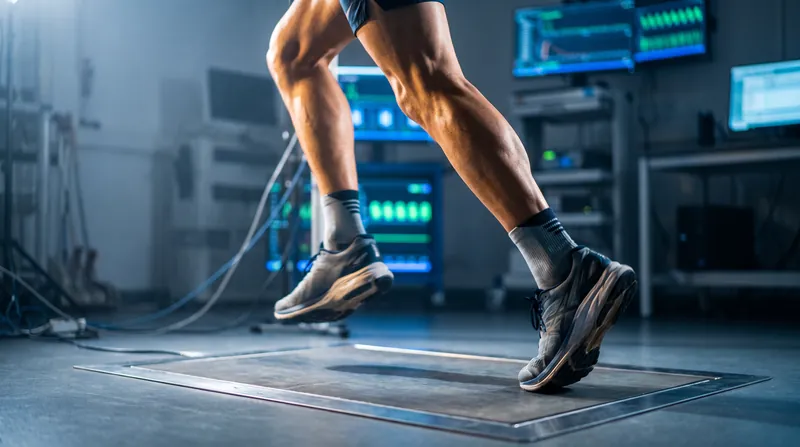 An athlete's foot strikes a laboratory force plate, highlighting the tension in the calf and Achilles tendon.