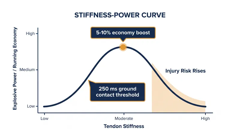 The optimal balance of tendon stiffness maximizes energy return without overloading the muscle fascicles.