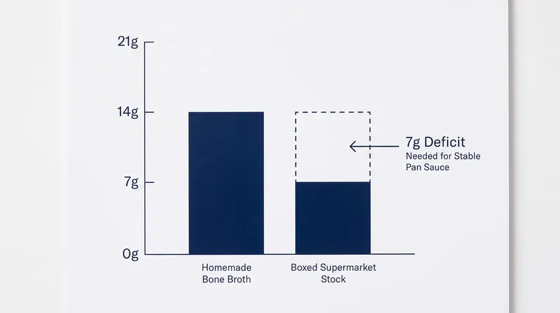 Boxed stock requires supplemental gelatin to mimic the structural properties of a restaurant reduction.
